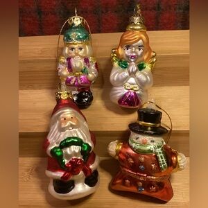 Festive Glass Ornament Set - Santa, Snowman, Nutcracker, Angel